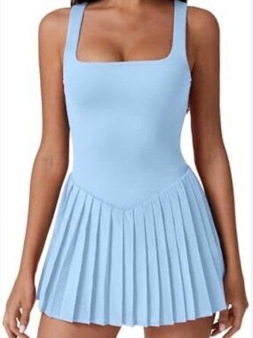 QINSEN Women's Tennis Dress Size Medium Light Blue Square Neck Pleated Built-In